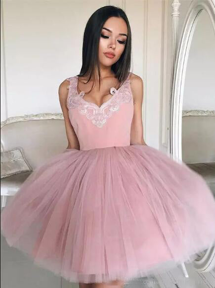 A-Line V-Neck Short Blush Tulle Gisselle Homecoming Dresses 2024 With Appliques