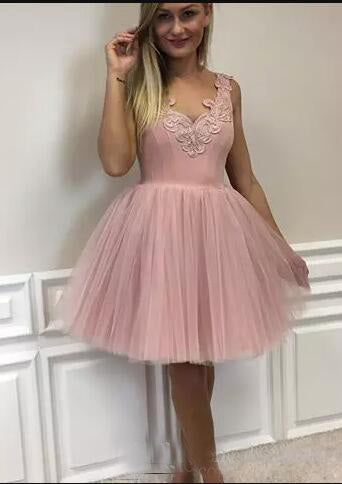 A-Line V-Neck Short Blush Tulle Gisselle Homecoming Dresses 2024 With Appliques