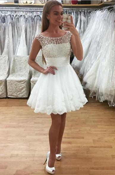 Princess/A-Line Crew Lace Sally Homecoming Dresses Neck Short White Dresses With Beading Prom