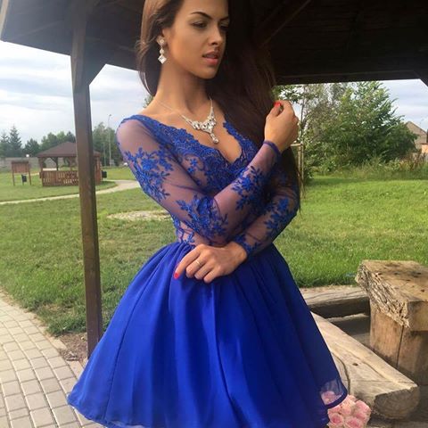 A-Line V-Neck Long Sleeves Royal Blue Homecoming Dresses Karli Appliques Short 2024