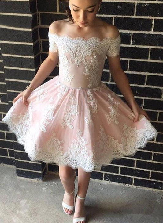 A-Line Off-The-Shoulder Pink Homecoming Dresses Anastasia Appliques Short Pearl 2024