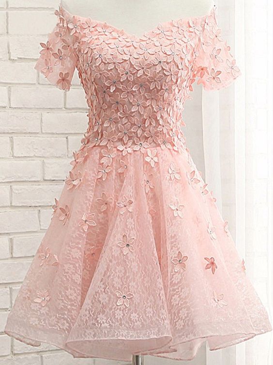 A-Line Off-The-Shoulder Appliques Short Marina Lace Homecoming Dresses Coral 2024