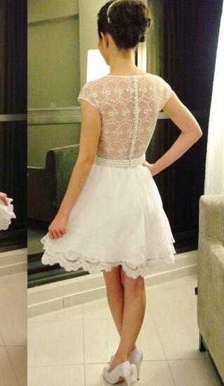 A-Line Jewel Cap Sleeves White Short 2024 Homecoming Dresses Yoselin With Pearl