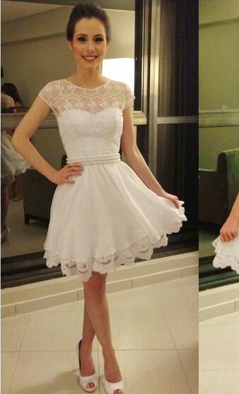 A-Line Jewel Cap Sleeves White Short 2024 Homecoming Dresses Yoselin With Pearl