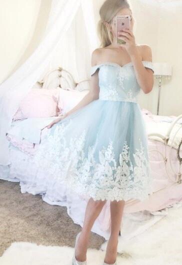 A-Line Off-The-Shoulder Short Blue 2024 Homecoming Dresses Rebecca With Appliques