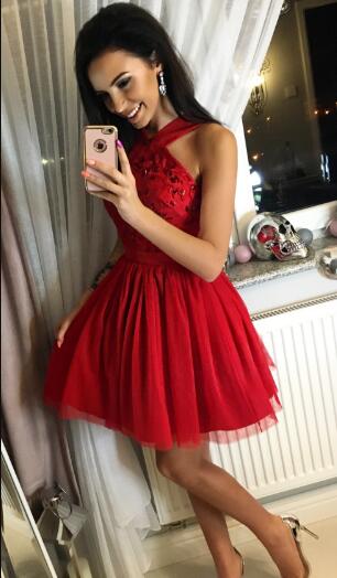 Homecoming Dresses Thea A-Line Cross Neck Short Red Tulle 2024 With Beading