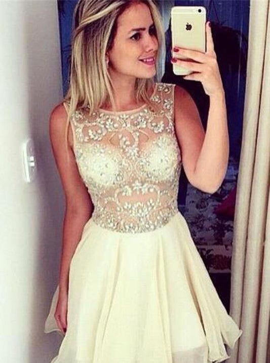 A-Line Round Homecoming Dresses Chiffon Lacey Ivory Neck Short 2024 With Beading