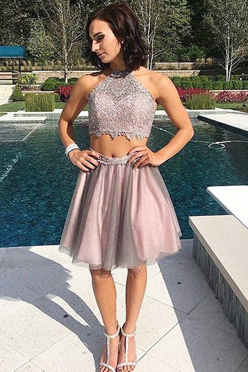 Two Piece Homecoming Dresses Fernanda Jewel Open Back Short Blush Tulle Dresses Prom