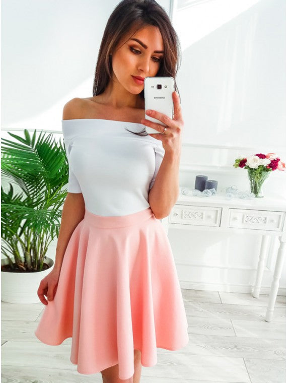 Off-Shoulder Half Sleeves Above-Knee Pink Homecoming Party Dresses