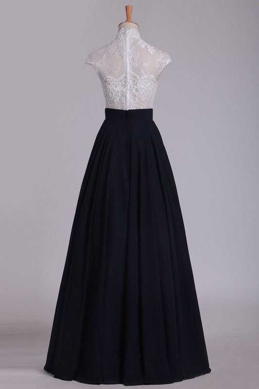 2024 Prom Dresses High Neck Chiffon With Applique A Line Floor Length