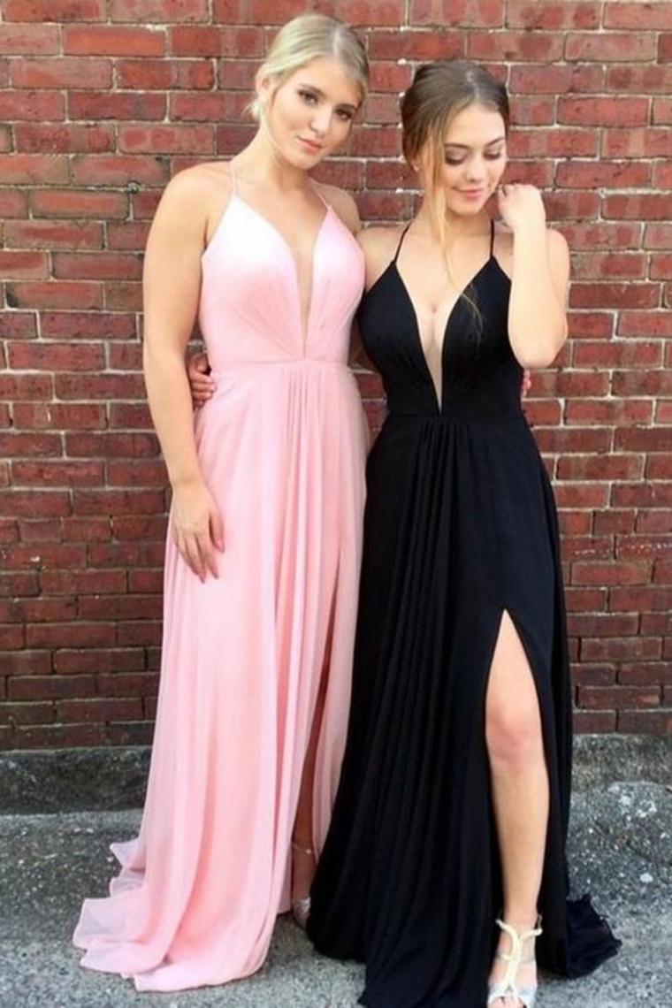 Simple Spaghetti Straps V-Neck Pink And Blue Long Flowy Prom Dresses