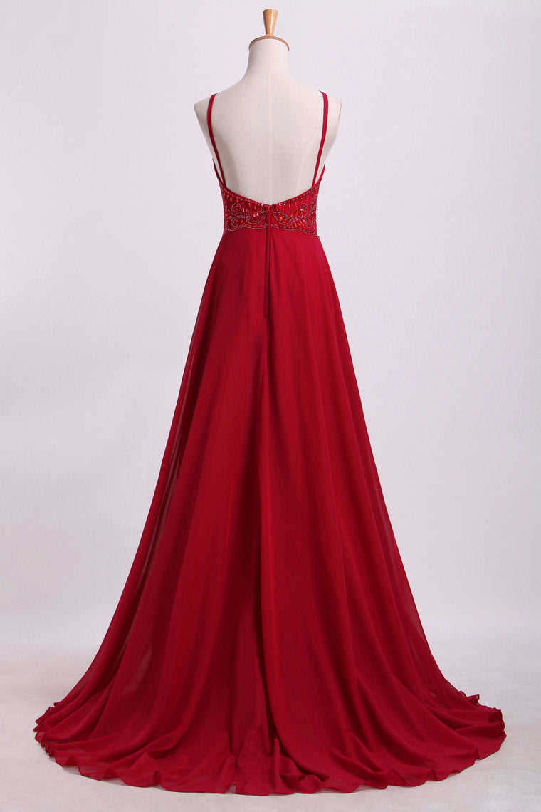 2024  Prom Dresses Spaghetti Straps Beaded Bodice A-Line Chiffon