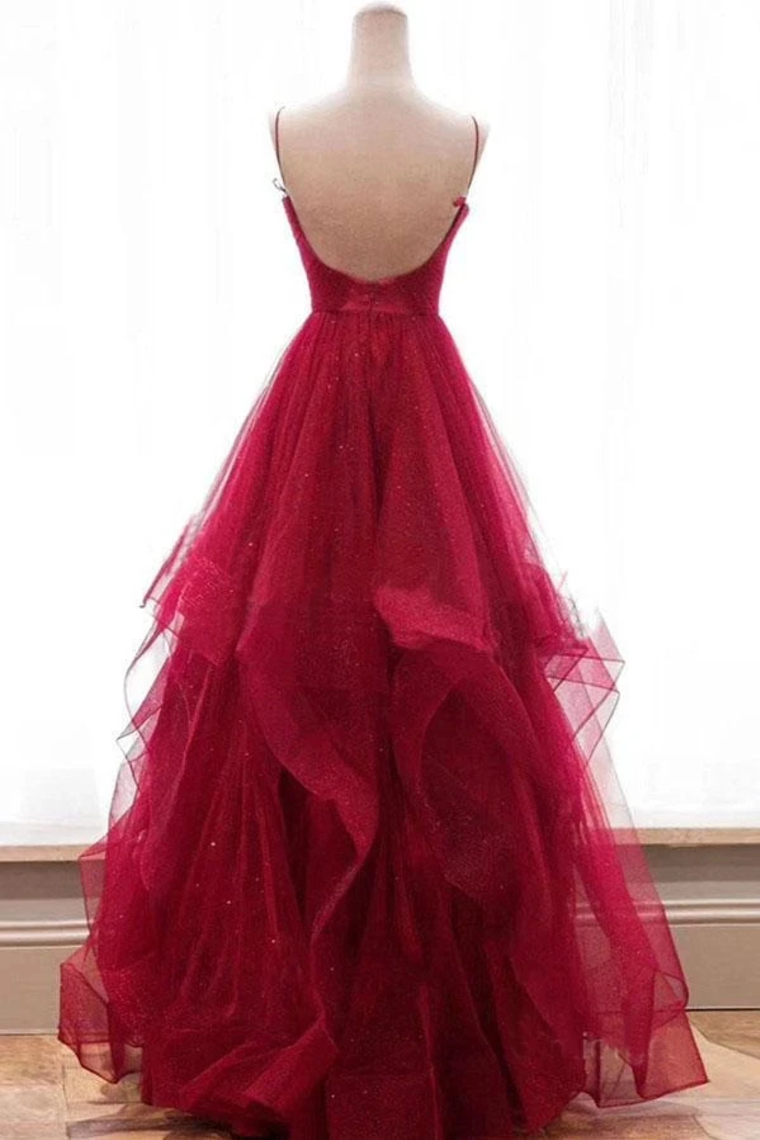 2024 V Neck Spaghetti Straps A-Line Prom Dress Tulle Floor Length