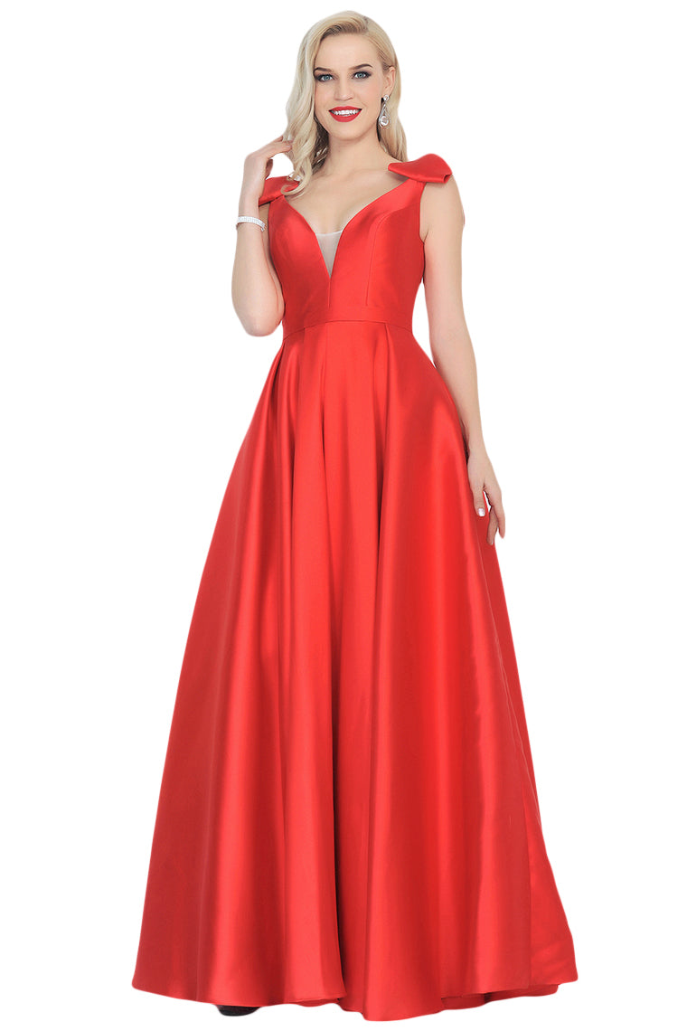 2024 V-Neck Bubble Shoulder A-Line Satin Evening Dress Floor-Length