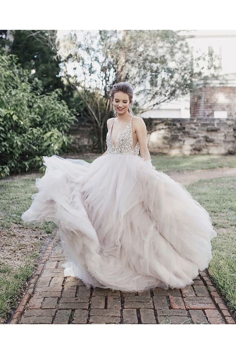 Ball Gown Sexy Deep V-Neck Beaded Bodice Rustic Wedding Dress