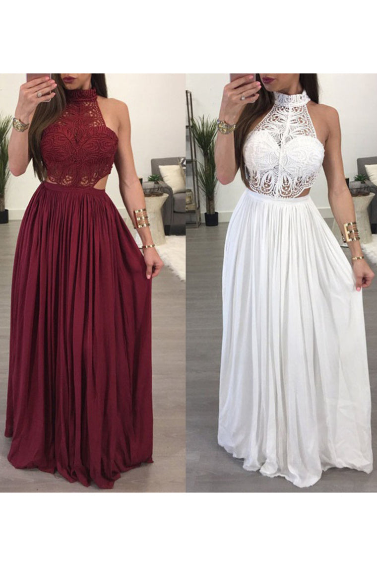 2024 High Neck A Line Chiffon & Lace Floor Length Prom Dresses