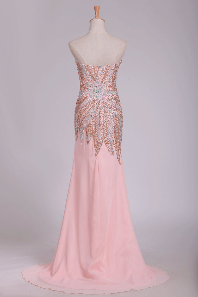 2024 New Arrival Beaded Bodice  Chiffon With Slit Sheath Sweep Train Prom Dresses