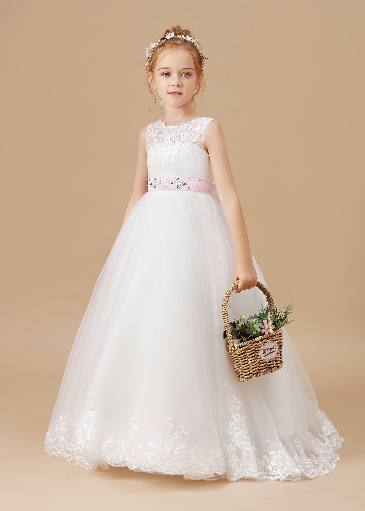 Floor-length Sleevelesss Lace Tulle Satin Flower Girl Dresses With Pink Bowknot Sash