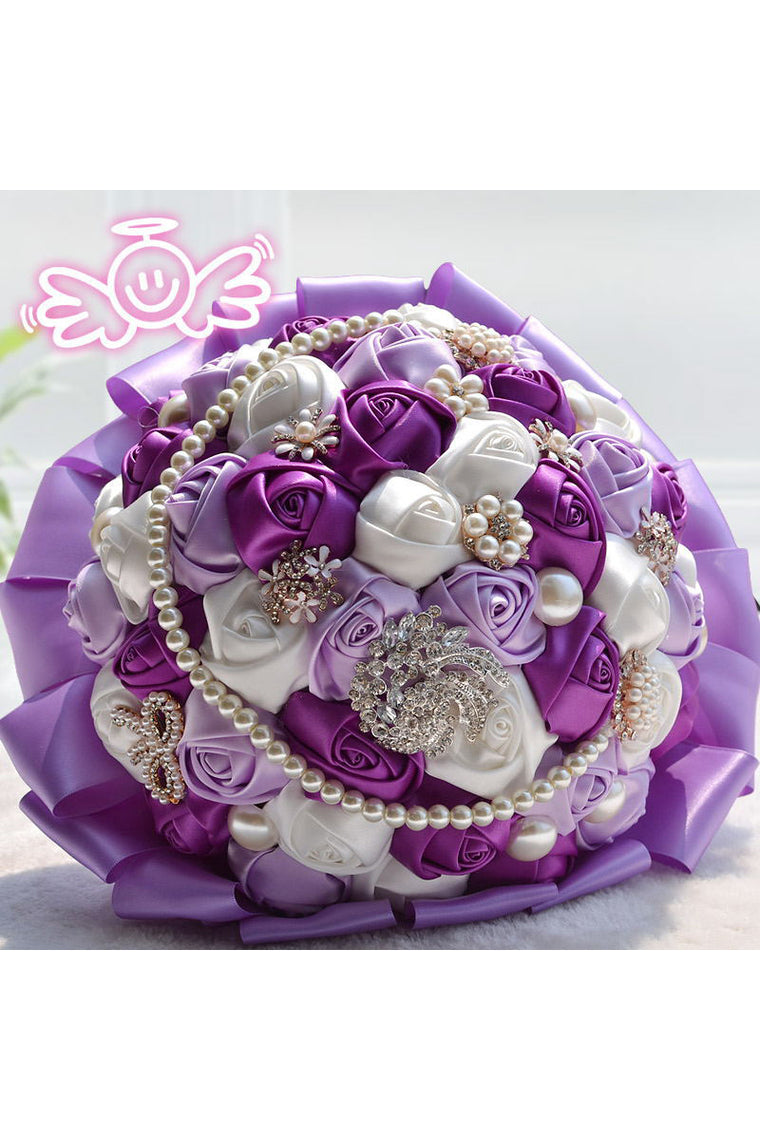 Elegant Round Satin Bridal Bouquets With Pearls