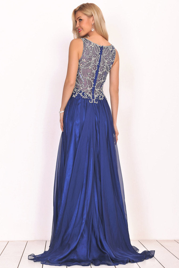 2024 A Line Prom Dresses Scoop Chiffon With Beading Sweep Train