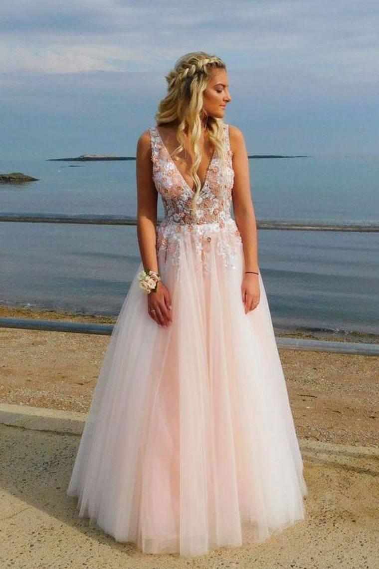 V Neck Sleeveless Tulle Prom Dress With Flowers And Beads