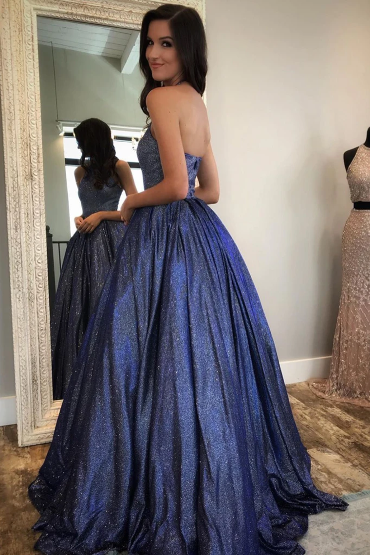 Charming Navy Blue Halter A Line Long Prom Dresses With Pockets, Evening Dresses