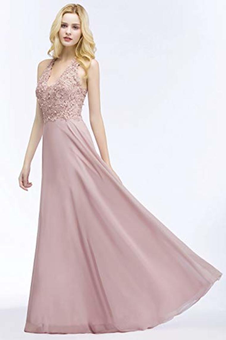 Lace Chiffon Prom Dresses Beading Applique A Line V Neck Evening Dresses