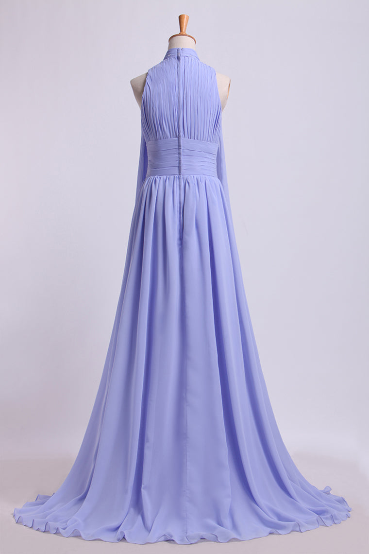 2024 High Neck Pleated Bodice Prom Dresses A-Line Chiffon Sweep Train