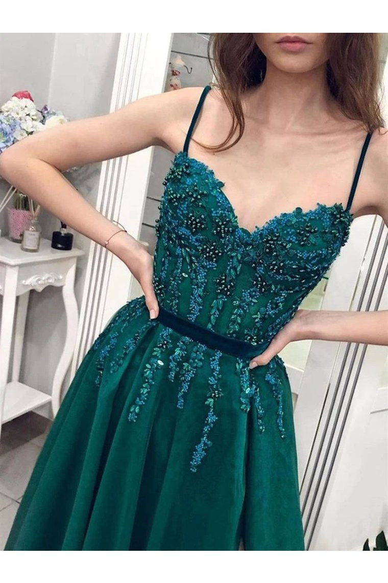 Charming A Line Tulle Spaghetti Straps Beading Prom Dresses Evening Dresses