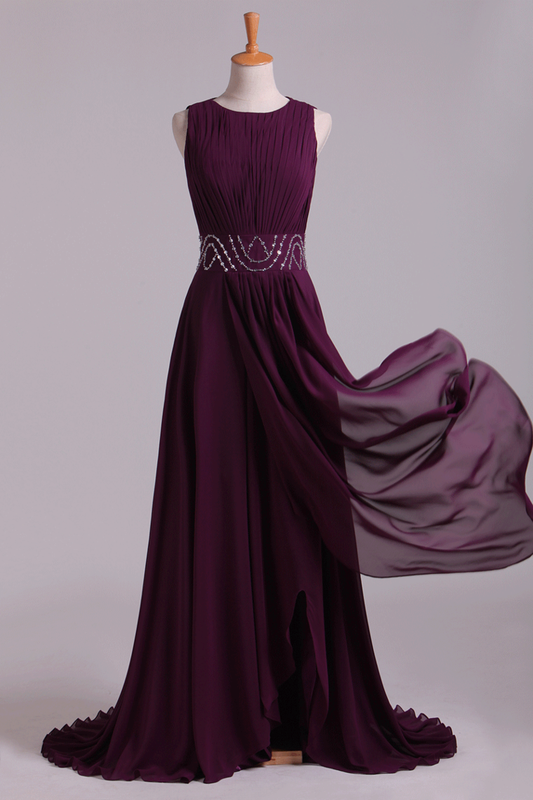 2024 Prom Dresses A-Line Bateau Floor-Length Chiffon With Beads & Ruffles