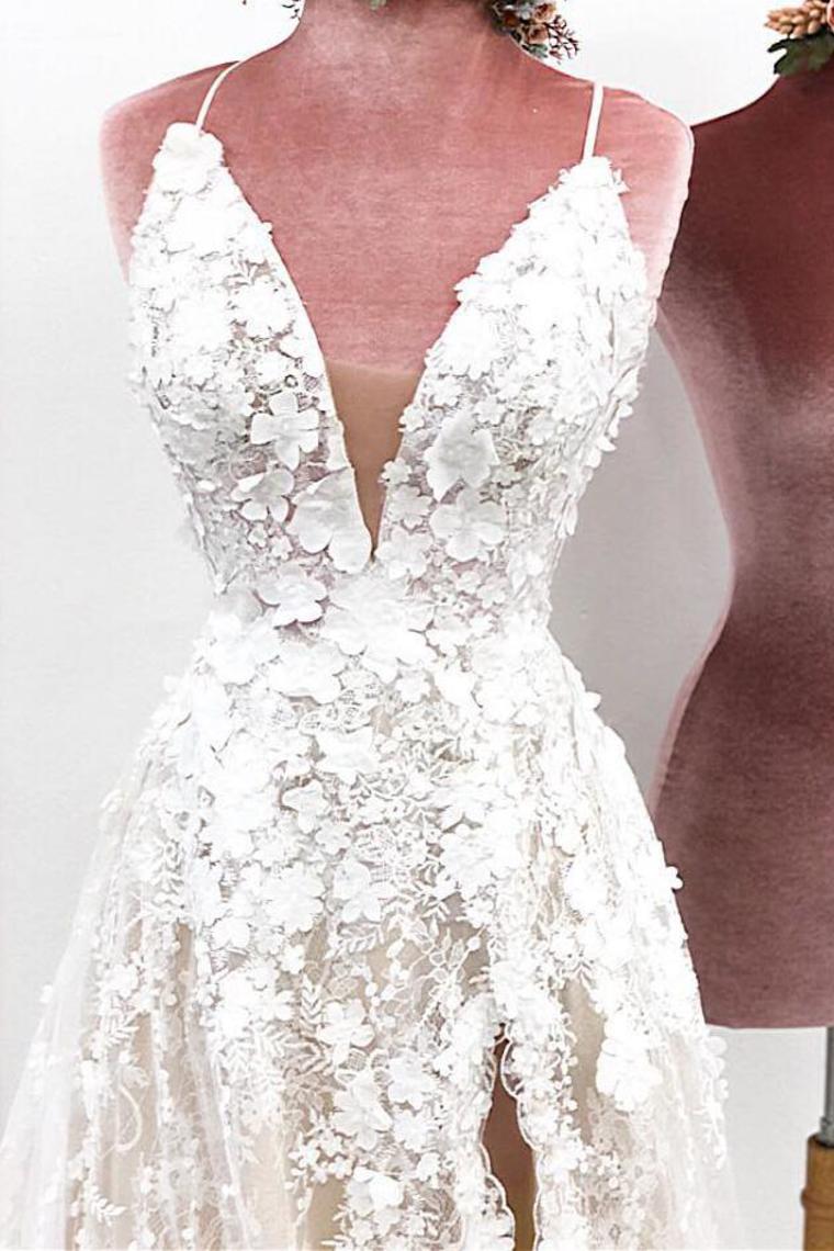 Unique Spaghetti Straps Lace Appliques V Neck Wedding Dresses, Long Wedding Gowns