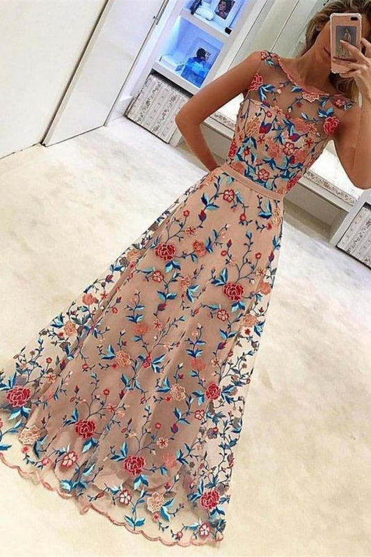 Gorgeous Long A-Line Scoop Neckline Embroidered Prom Dresses Evening Dresses