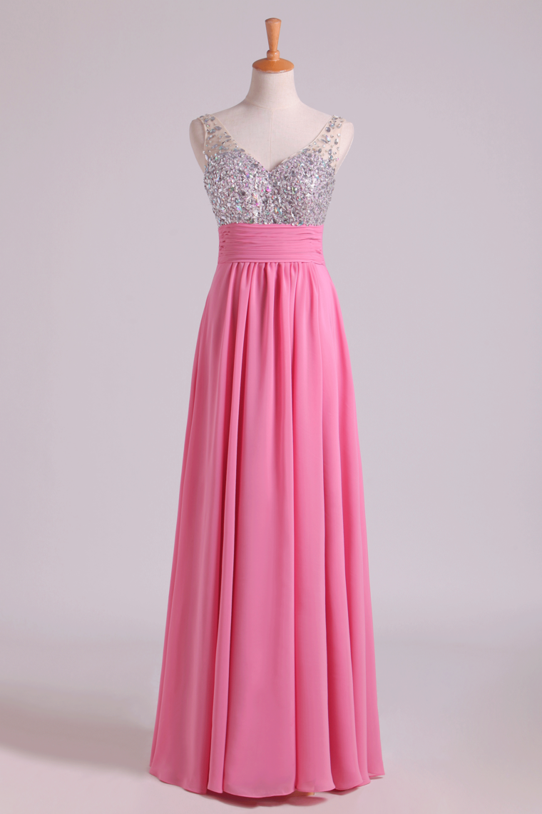 2024 Prom Dresses A Line V Neck Chiffon With Beading/Sequins Sleeveless Floor Length