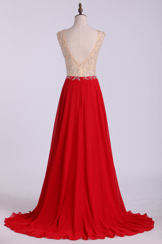 2024 V Neck Prom Dresses A Line Beaded Bodice Sweep Train Chiffon And Tulle