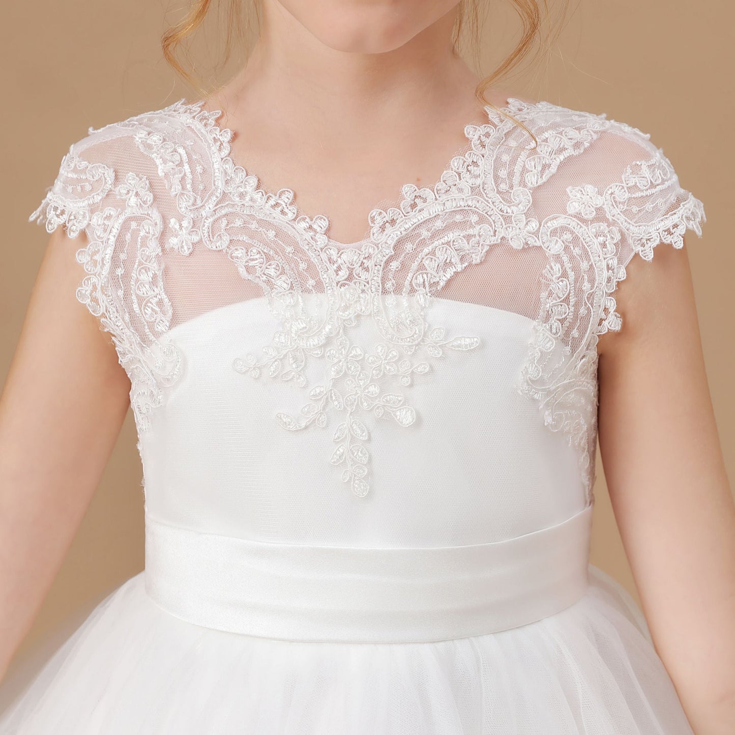 Ivory Floor-length V-neck Lace Tulle Satin Flower Girl Dresses