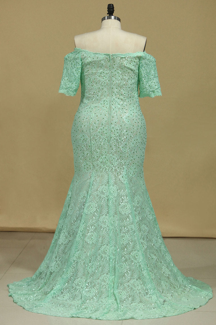 2024 Sheath/Column Mid-Length Sleeves Bateau Lace Sweep Train Prom Dresses