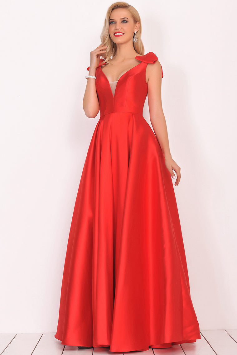 2024 V-Neck Bubble Shoulder A-Line Satin Evening Dress Floor-Length