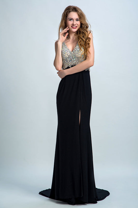 2024 Prom Dresses Full Beaded Bodice Backless Chiffon Sweep Train Black