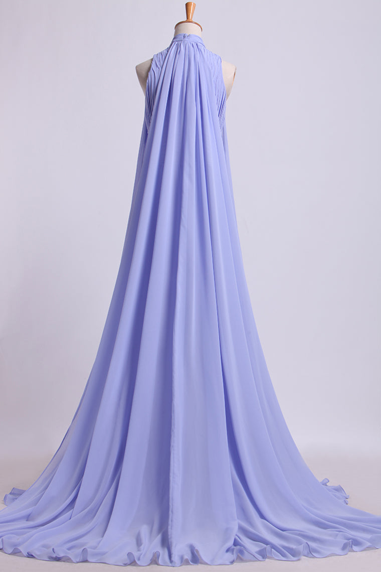 2024 High Neck Pleated Bodice Prom Dresses A-Line Chiffon Sweep Train