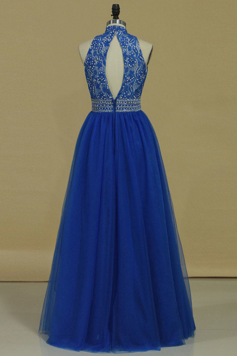 2024 High Neck Open Back A Line With Beads Prom Dresses Tulle & Lace Floor Length