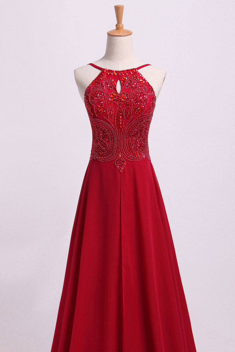 2024  Prom Dresses Spaghetti Straps Beaded Bodice A-Line Chiffon