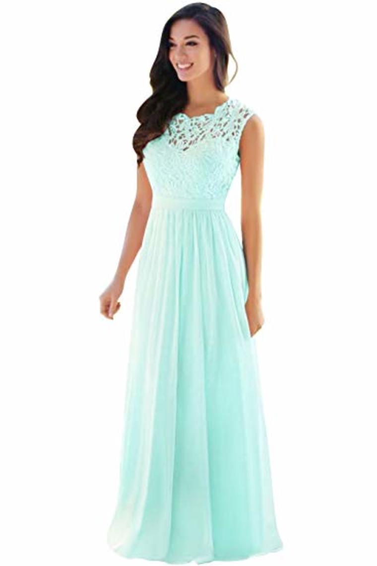 Lace Chiffon  Prom Dresses A Line Round Neck Long Evening Dresses