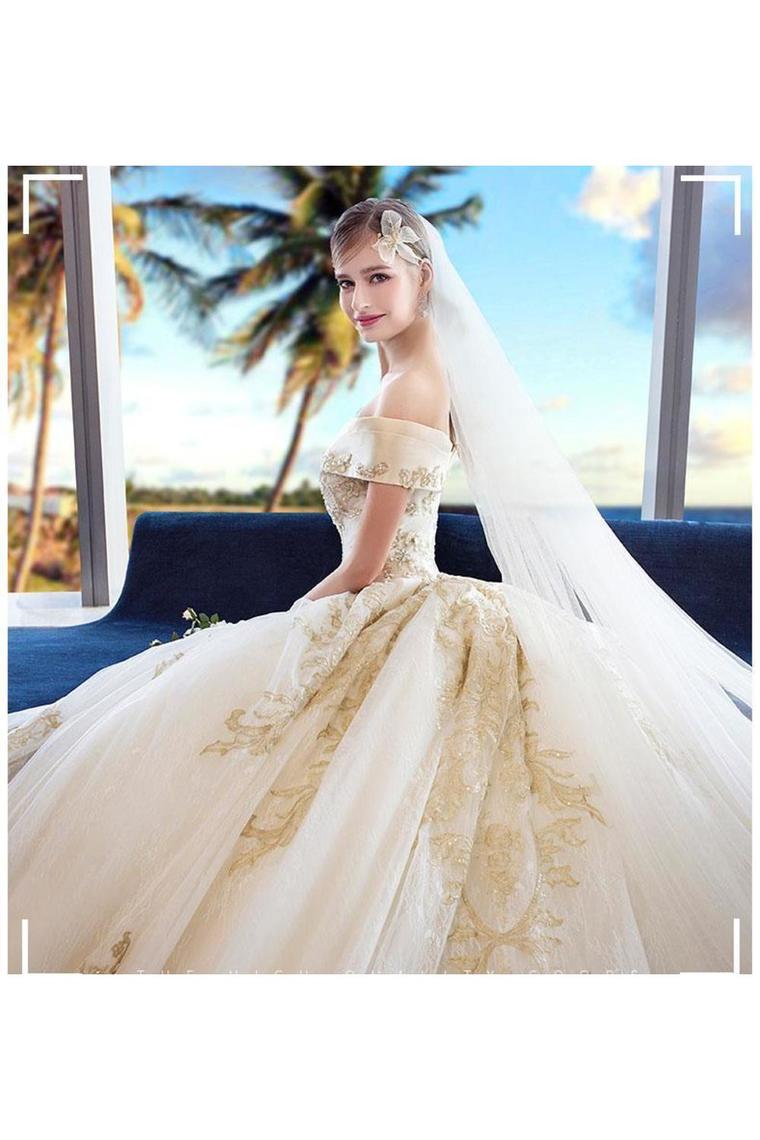 Ball Gown Tulle Wedding Dresses Off The Shoulder Appliques Beads Chapel Train