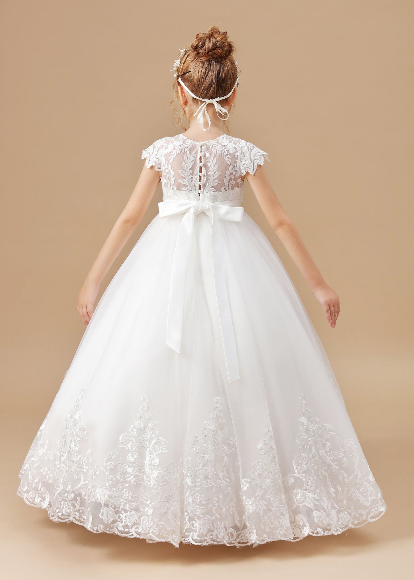 Princess Lace Tulle Satin Flower Girl Dresses With Bowknot