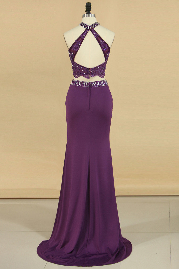 2024 Two-Piece High Neck Prom Dresses Mermaid With Applique Spandex