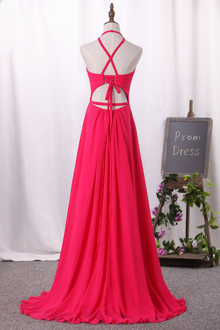 2024 New Arrival A Line Chiffon Halter Open Back Prom Dresses