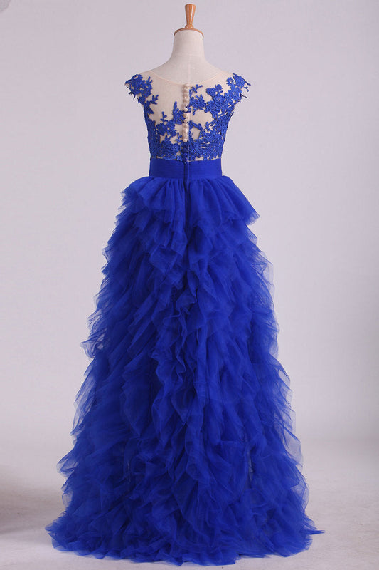 2024 Dark Royal Blue Bateau A Line Evening Dresses With Applique Tulle