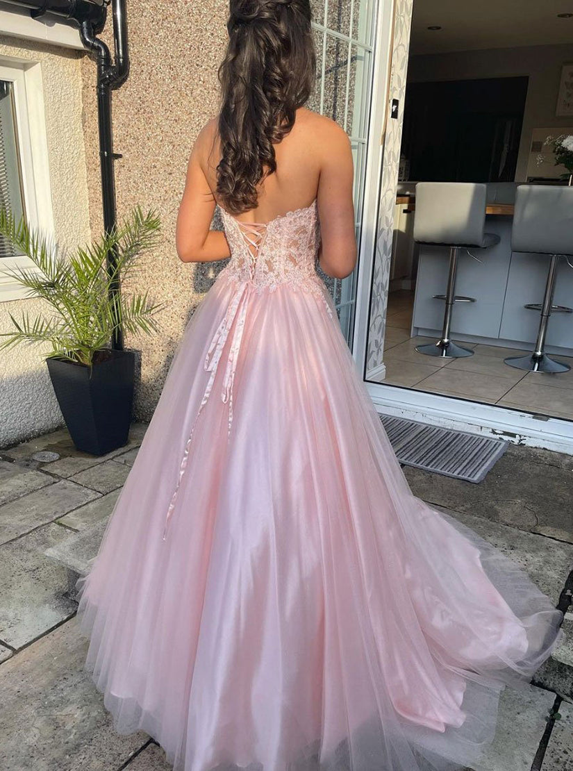 Pink Sweetheart Sleeveless A Line Tulle Lace Prom Dresses