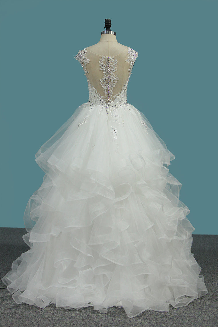 2024 A Line V Neck Wedding Dresses Tulle With Applique Sweep Train