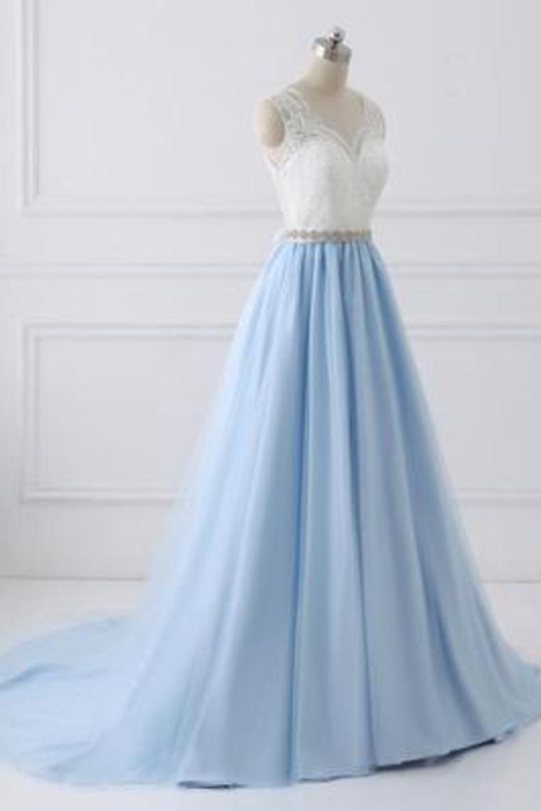 Classy Ivory And Sky Blue Long Lace Tulle Princess Prom Dresses